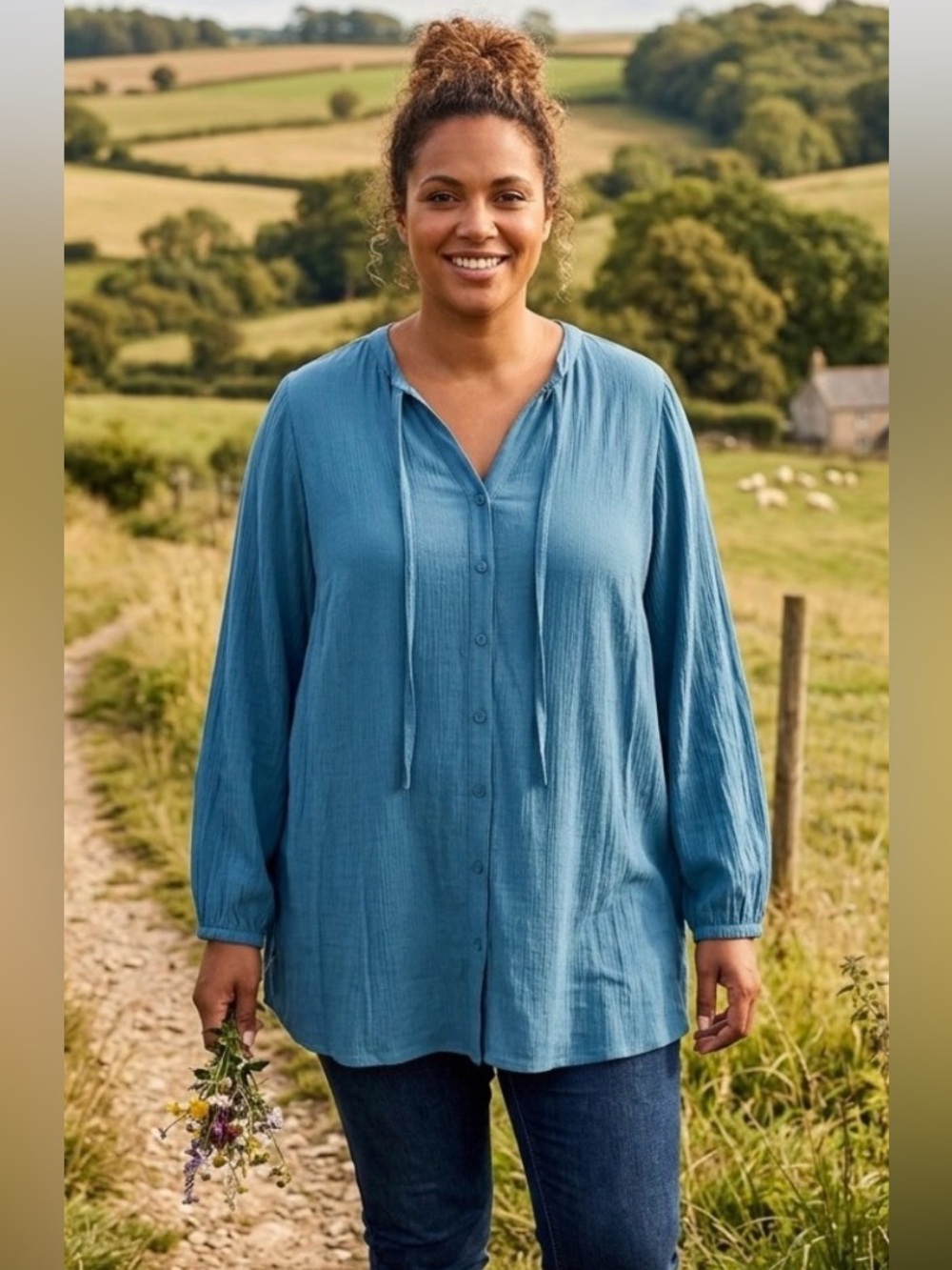 Torrid Blue Crinkle Gauze Button-Front Tunic Blouse Top Boho Size 3X
